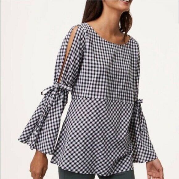 Loft NWT Gingham Split Tie Sleeve Blouse - Picture 1 of 8